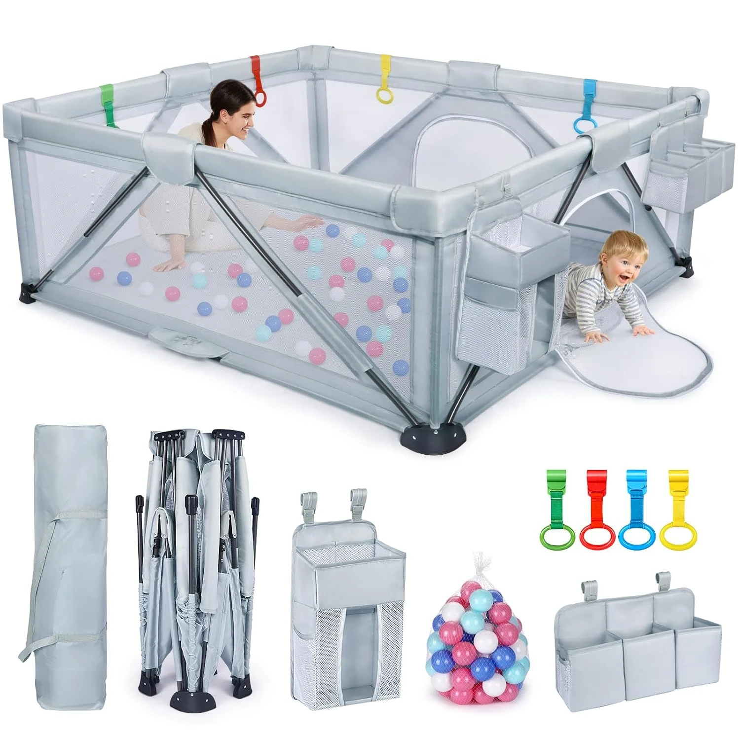 Playpen Fence Kids Safety Area Travel Play Yard with 2 Storage Bags 4 Handlers 50 Balls Baby Toddler Gifts(71