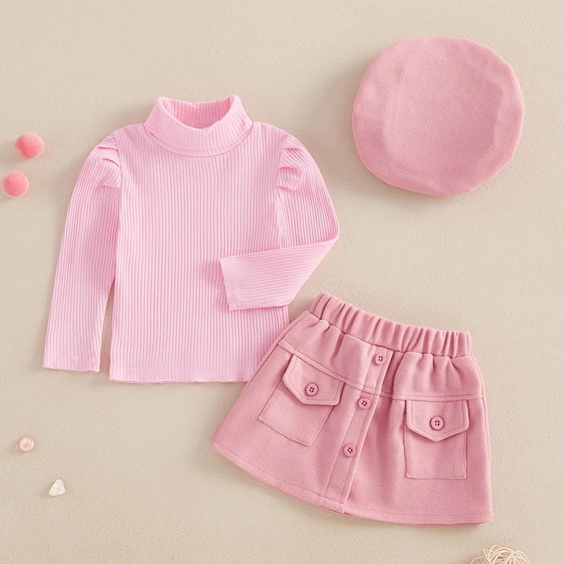 Kids Girl 3 Piece Outfit Solid Color Long Sleeves Tops and Button Elastic Skirt Beret Hat Set Cute Fall Clothes