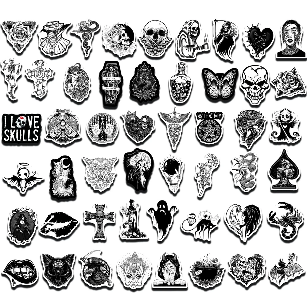 10/30/50PCS Mix and Match Black and White Gothic Horror Graffiti Stickers Notebook Guitar Trolley Case PVC Stickers Wholesale