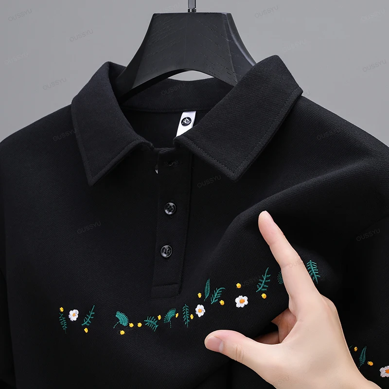 Autumn Winter Luxury Flower Embroidery Men's Polo T-shirt Cotton Classics Collar Long Sleeves Tops Black Khaki Hoodie Male