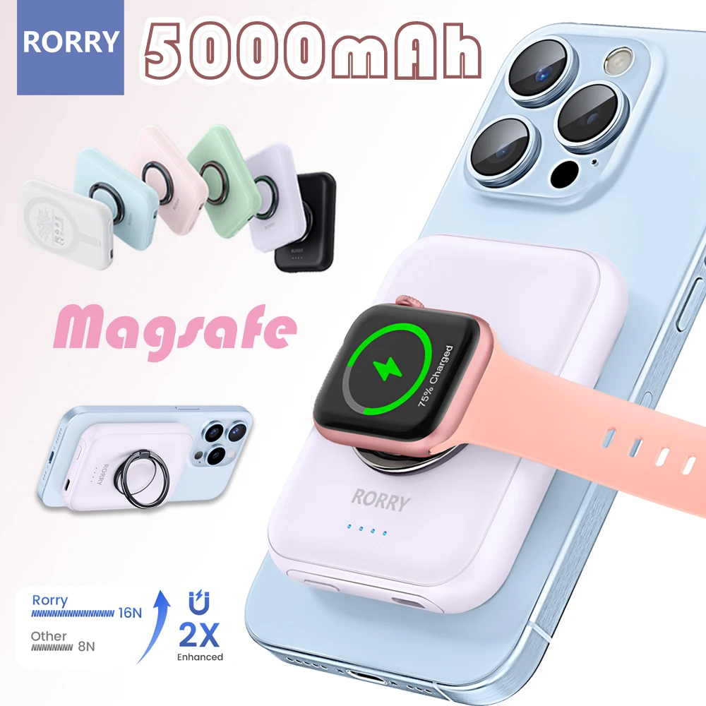 RORRY-Mini Power Bank magnétique sans fil pour iPhone, chargeur portable pour Apple Watch, étui Magsafe, 15 mAh, 14 mAh, 13/12 mAh, 5000mAh