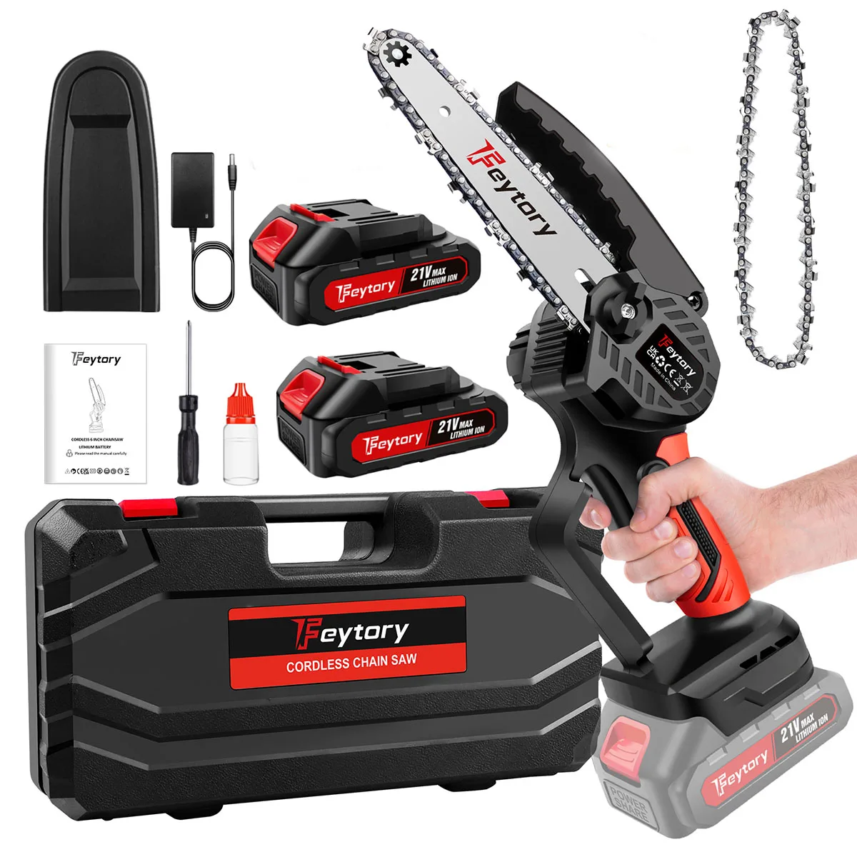 21V 700W 6 Zoll Elektrische Kettensäge zum Schneiden von Holz und Bäumen, Leichte Mini-Elektrokettensäge mit 1500mAh Wiederaufladbarem Akku, Ketten, Leistungsstarker Holzschneider für Baumasten und