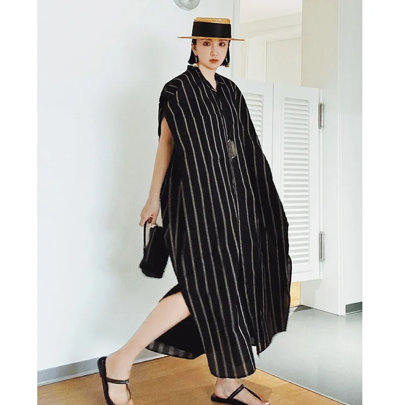 

Silk Cotton Stripe irt Svel Long Dr Women Loose Fit Comfortable Breathable Spring Faion Commute Sle Square Collar