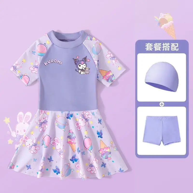 Maillot de bain Kawaii Melody Cartoon pour enfants, maillots de bain Kuromi, maillots de bain d'été pour filles, bikini de vacances, vêtements d'entraînement de natation, séchage rapide