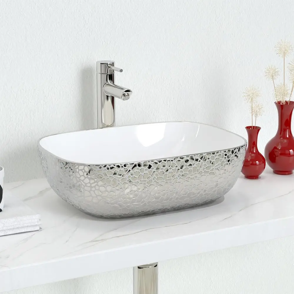 Leopard-Textured Silver Ceramic Vessel Sink, 18.3 x 13, Artistic Above-Counter Vanity Basin for Bathroom