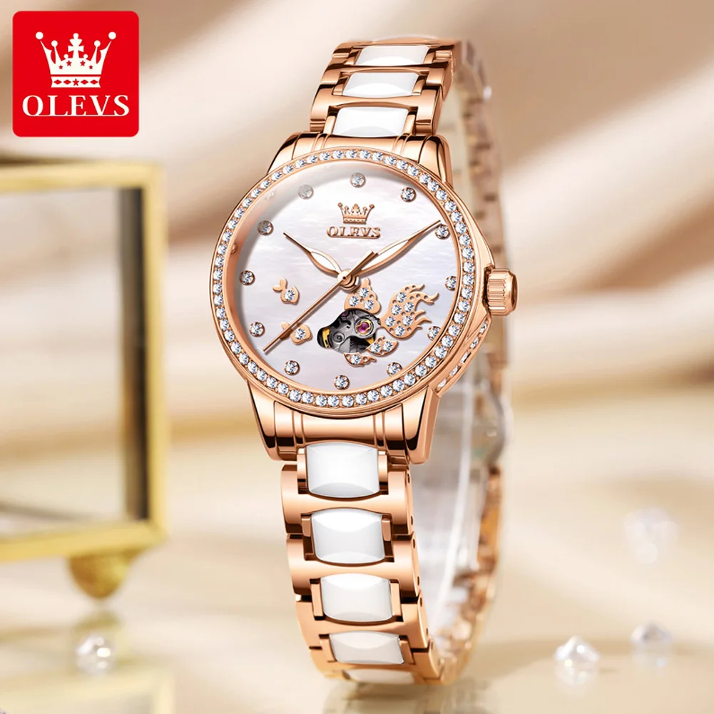 OLEVS 7001 Women Watch Top Brand Fashion Mechanical Wristwatch Luck Koi Carp Drill Ring Dial Watch For Women Waterproof Ceramics