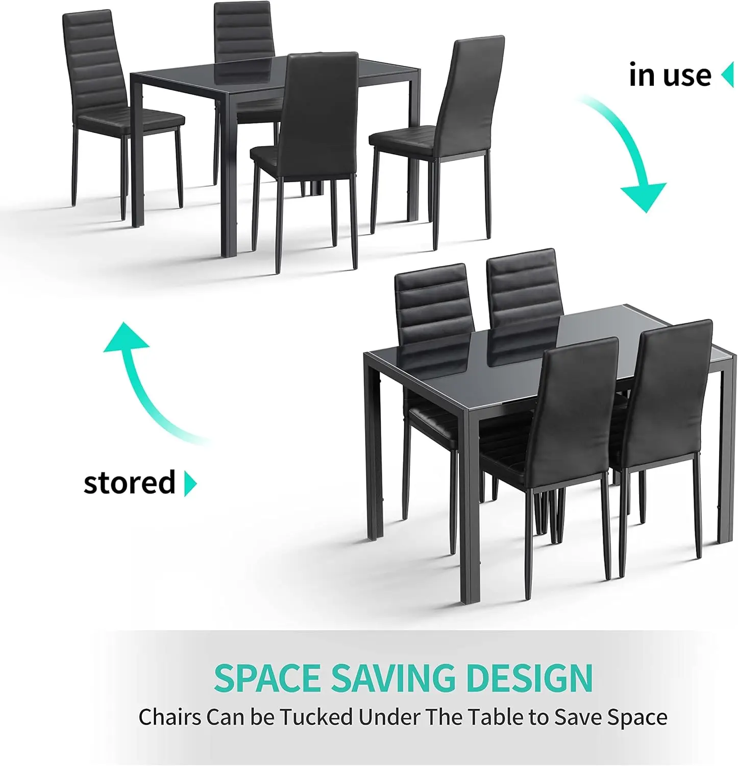 5 Piece Glass Dining Table Set, Kitchen and Chairs for 4, PU Leather Modern Room Sets for Home, Kitchen, Living Room image 6