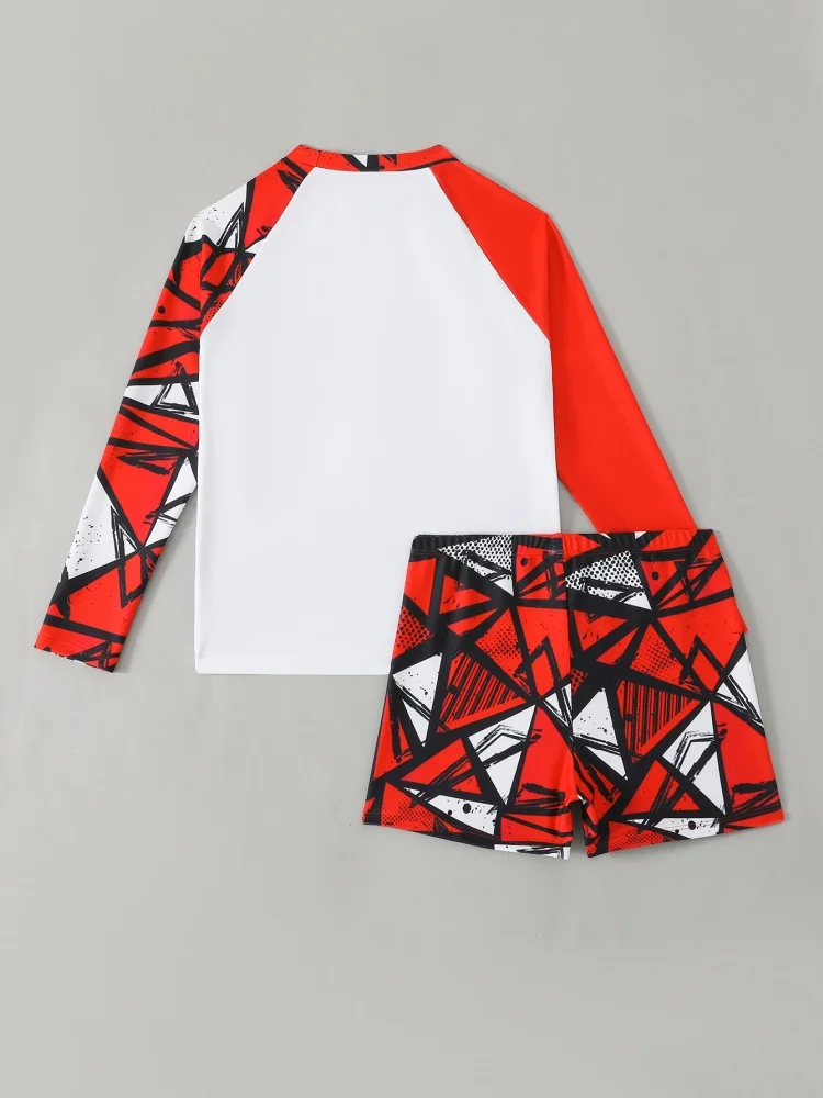 Boy Kids Swimsuit 2026 New Red Print Long Sleeves Children Swimwear Summer Two Piece Shorts Beachwear Bathing Suit For Swimming