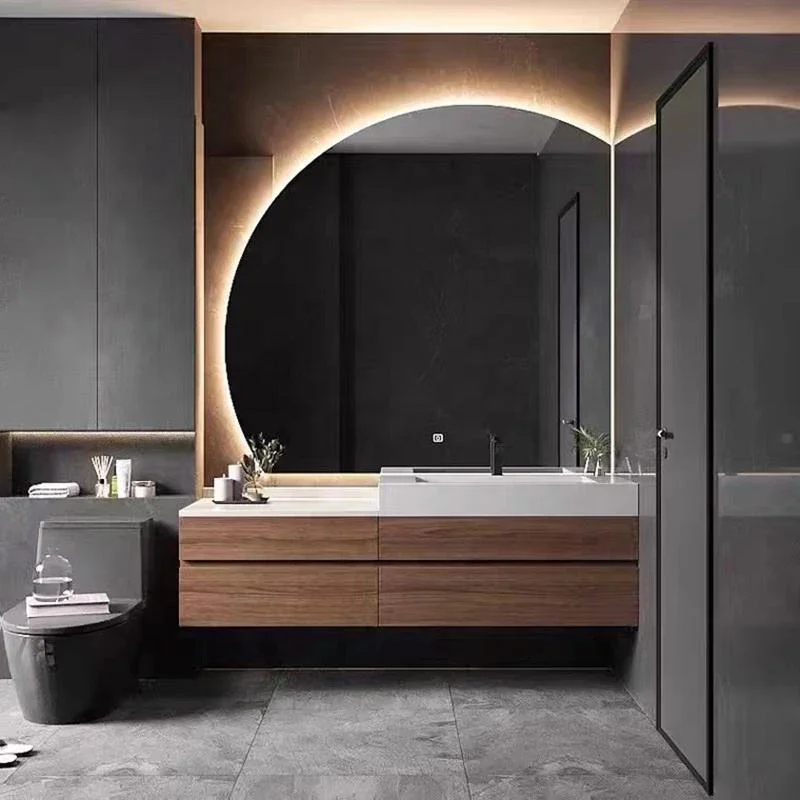 

-Wholesale wooden panel bathroom vanity furniture with single double sinks and half-moon mirror for hotel bathrooms