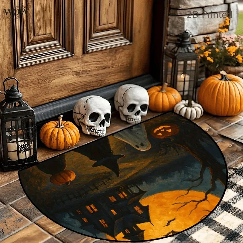 Spooky Halloween Half Round Doormat Witch Castle Pumpkin Semicircle Carpet For Living Room Bedroom Front Door Welcome Mat Gift