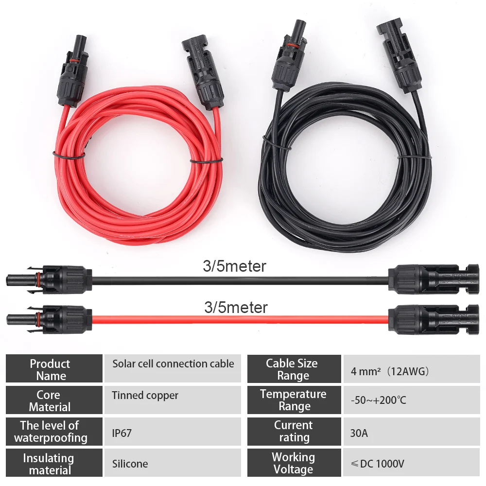 Double Ends Solar Panel Cable Wire Extension PV Cable DC 4mm2 12AWG 1000V/1500V Photovoltaic Wire with Solar Connectors Plugs