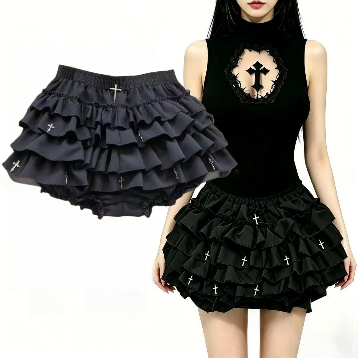 Cosplay Japanese Kawaii Skirts Gothic Punk Y2K Harajuku 90s Sexy Women Skirt Tiered Ruffles Mini Skirt Hotsweet Cross Shorts New
