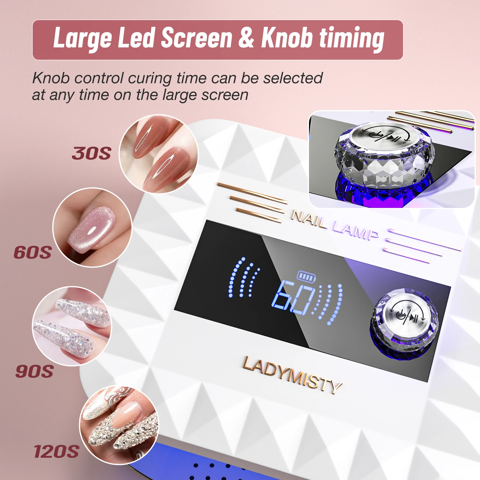 268W UV Nail Lamp Cordless LadyMisty UV Light for Gel Nails with Convenient Knob, Dual Light Source Precise Curing & LCD Display