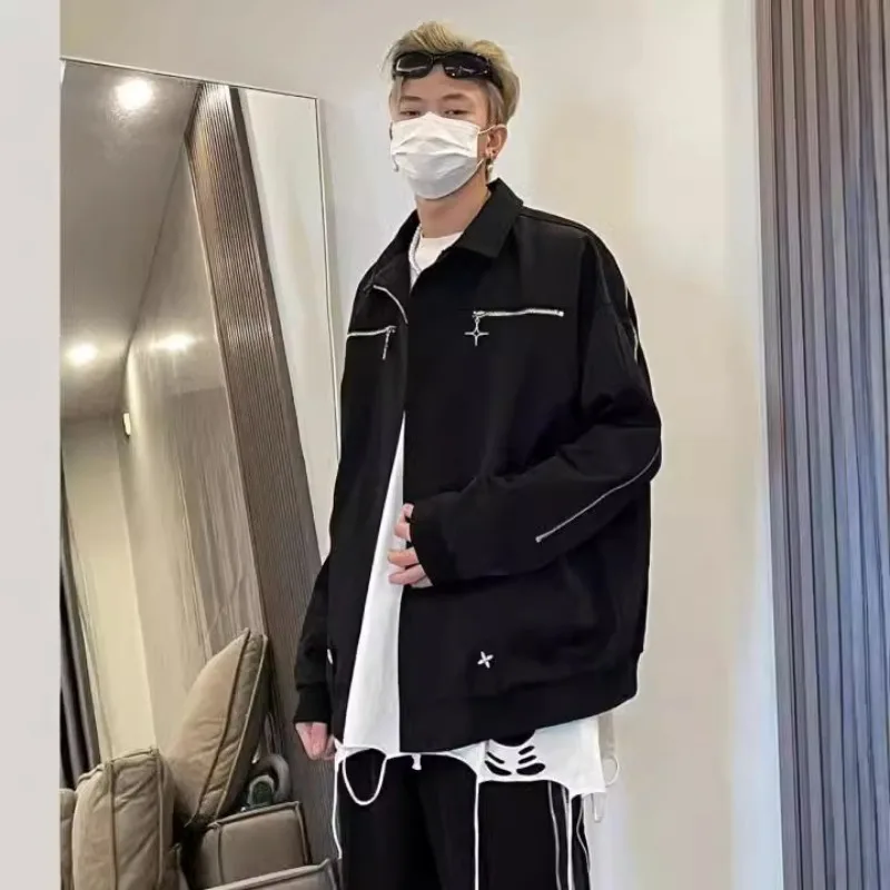 

High Street Zip Pilot Jacket for Men Lapel Design Couple Outerwear Casual Workwear Unisex Fashion Men Women Flight Jacket