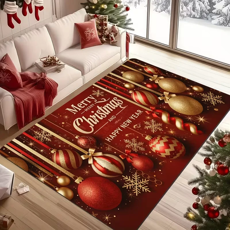 Red Gold Christmas Bauble Snowflake Merry Christmas Area Rug Non Slip Floor Mat Xmas Holiday Living Room Entryway Decor Carpet