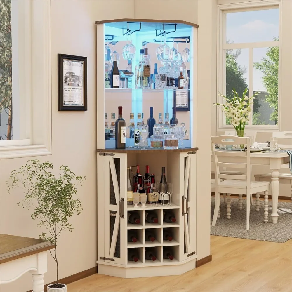 

Wine Bar Cabinet with Led Lights and Mirror, Tall Liquor Cabinets Coffee Bar Cabinets, Display Cabinet Corner Wine Rack