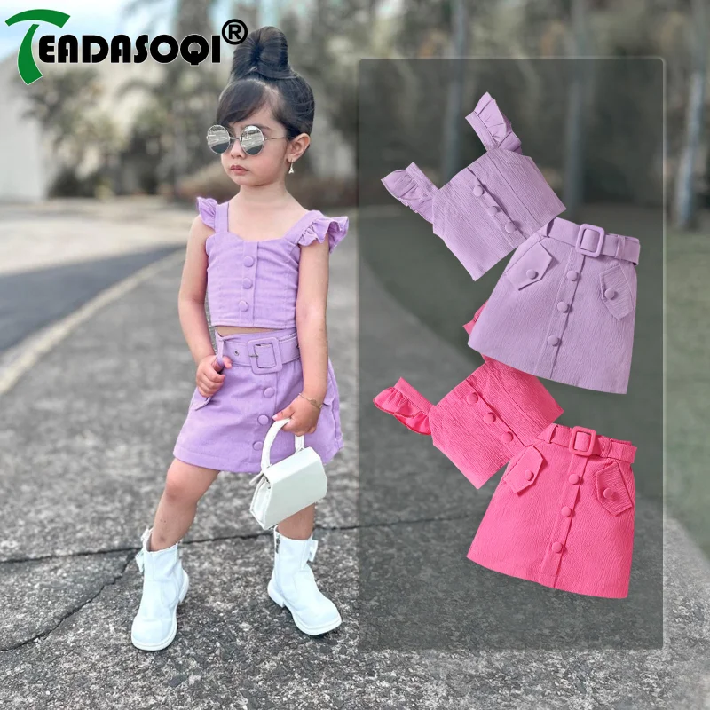 

2024 Kids Girls Summer Fashion Clothes 2-7Y Soild Colour Halter Frilly Fly Shoulder Top+Short Skirt+Belt Child Outfit 2Pcs Set