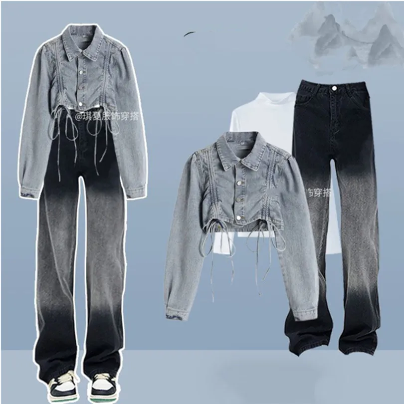 Spring and Autumn Season Set 2024 New Korean Versatile Denim Coat Bottom Shirt Slimming Jeans Three Piece Set