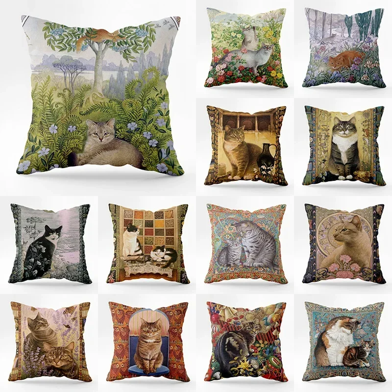 Retro Noble Cat Portrait Pattern Printed Soft Square Pillowslip Polyester Cushion Cover Pillowcase Living Room Home Decor