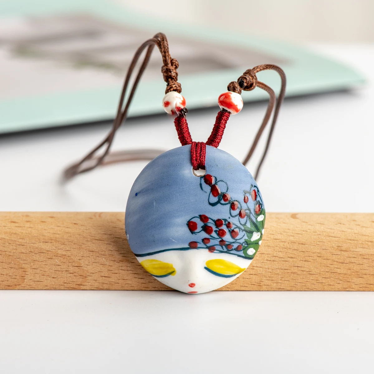 L China Ceramic Girl Face Pendant Bar necklace retro Chinese style Necklaces & Pendants #IY462