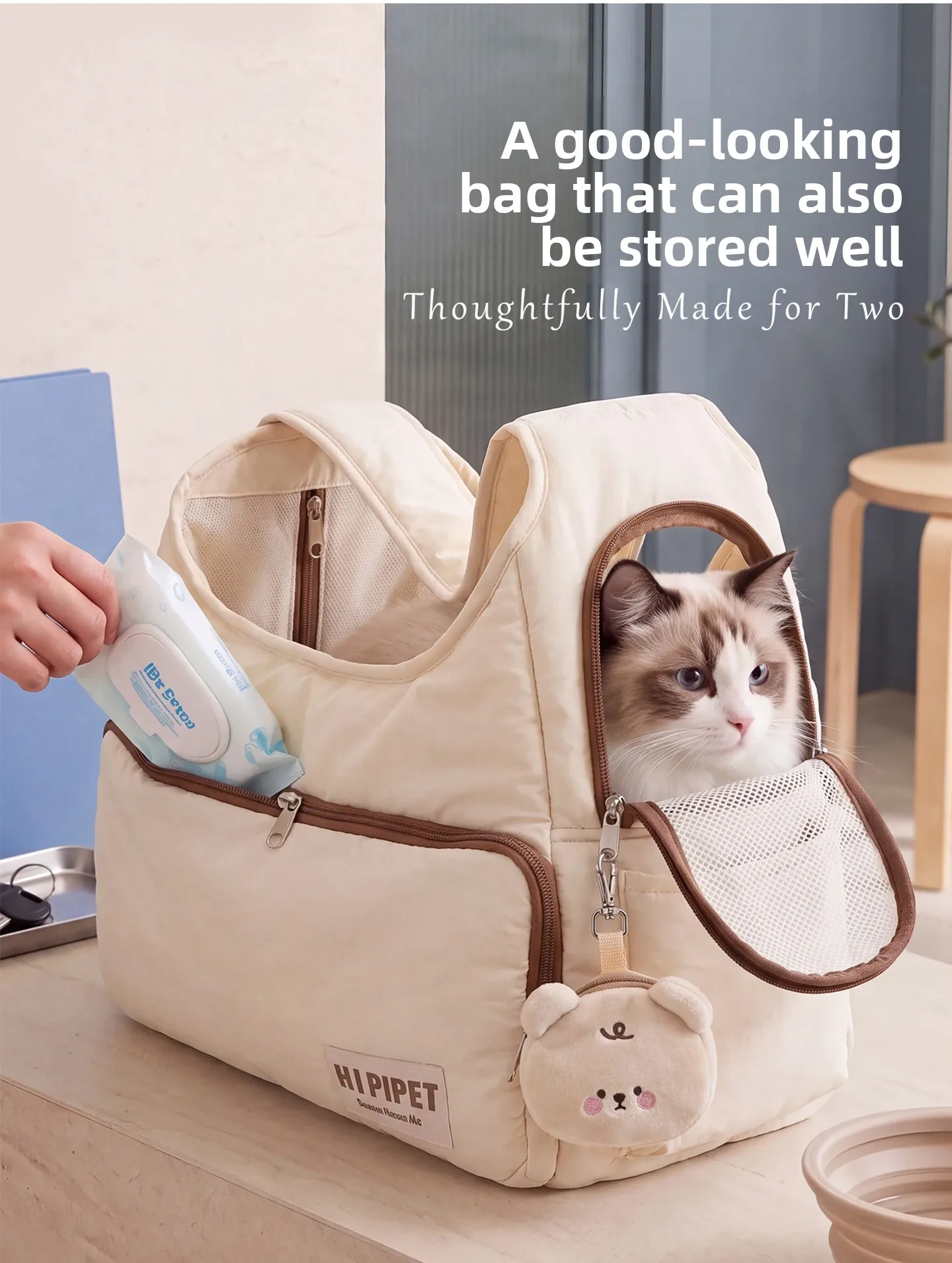 Weiche, gepunktete Puffer-Tragetasche im „Soft Girl“-Stil, großes Fassungsvermögen, verhindert das Herausrennen, atmungsaktiv, für Katzen und Hunde, ideal für Herbst- und Winterreisen im Freien. – Detail 4
