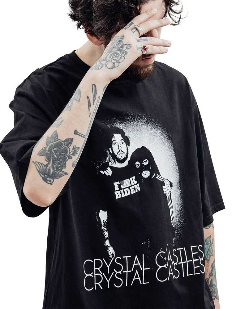 Men Tshirt Graphic Crystal Castles Oversized Print Cotton Tops Tees Korean Fashion Short Sleeves Vintage Y2k Streetwear Clothing