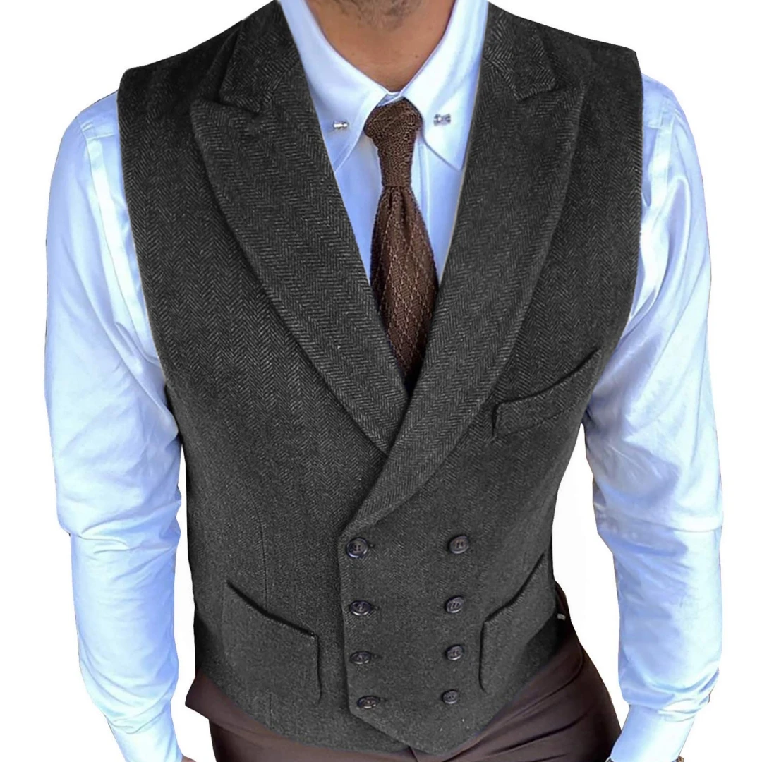 

2026 Men Vest Gray Herringbone Solid with Lapel Double Button Waistcoats for Wedding Banquet Business Office Work Men Suit Vest