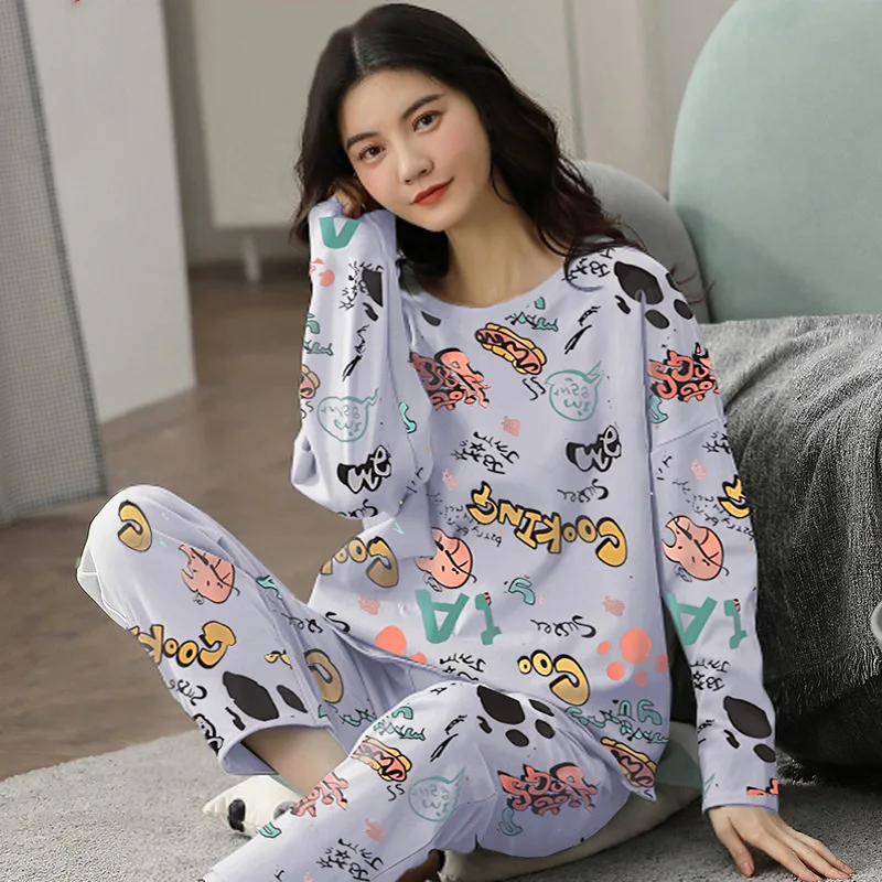 Spring Autumn Womens Polyester Pajamas Plaid Cartoon Sleepwear Long Set Home Service Women\'s Loose Casual Suit Large Size 5XL