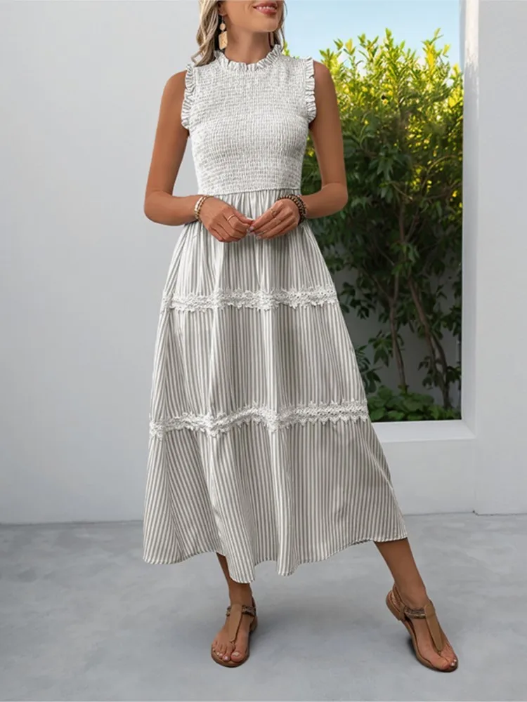 Casual estilo doce renda orelha de madeira sem mangas listrado vestido xadrez verão feminino cintura alta gola alta vestidos de estilo suave