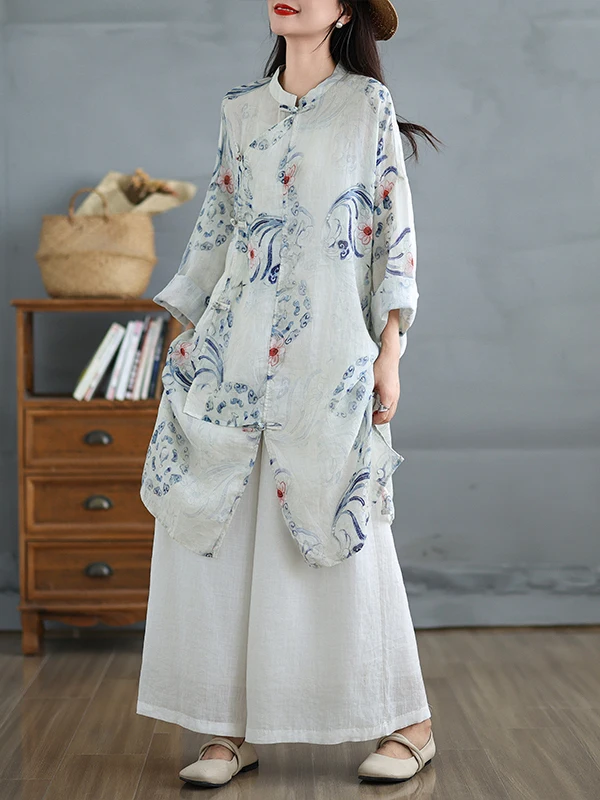 

Authentic Chinese Sle Midi Dr irt with Side Buttons Stand Collar Blue Porcelain Design Loose Fit Long Sve Women's C...