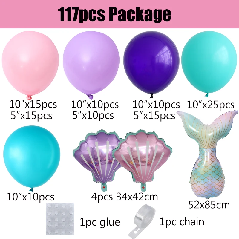 117pcs Mermaid Tail Shell Foil Balloons Arch Lake Blue Pink Purple Latex Balloon Girls Birthday Party Decoration Baby Shower