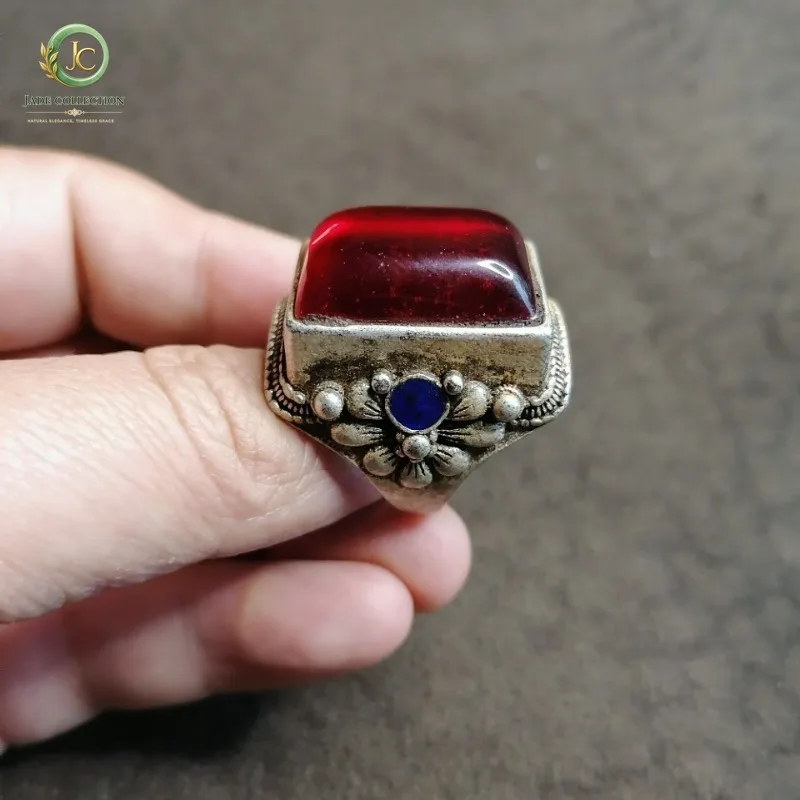 Vintage Antique Ruby Rectangle Ring, Old Silver Inlaid Floral Pattern, Open Adjustable Band Ring