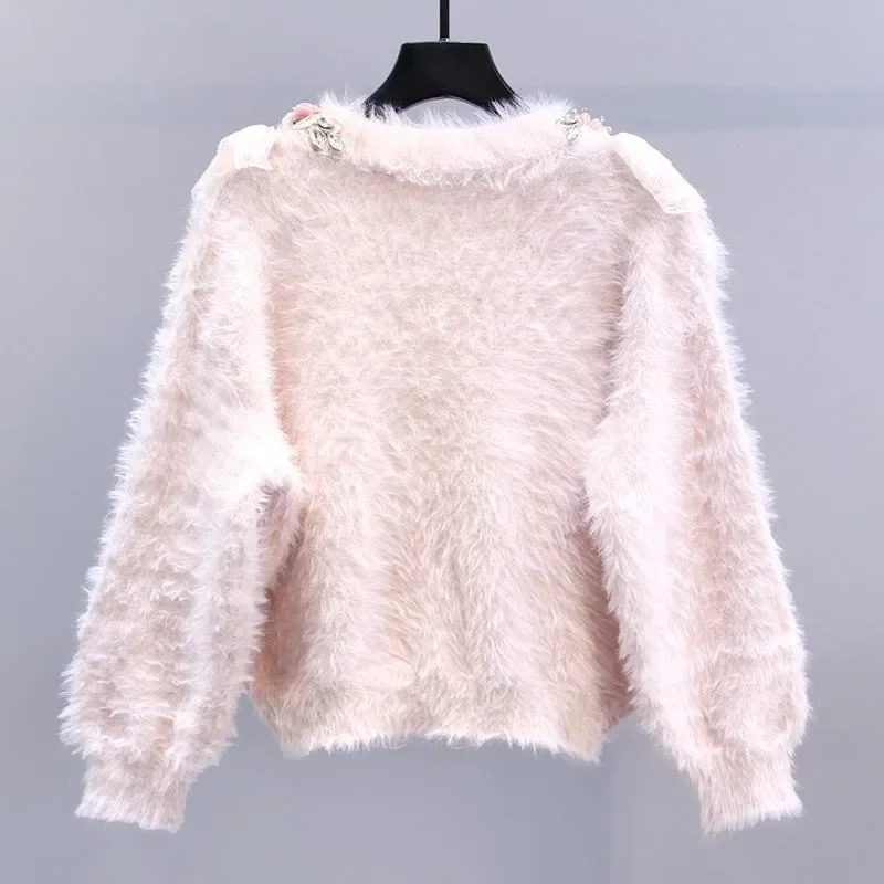 Women V-neck Pink 3d Floral Diamonds Beaded Knitted Cardigan Autumn Pearls Beaded Sweaters Long Sleeve Mohair Sweater Coat Tops