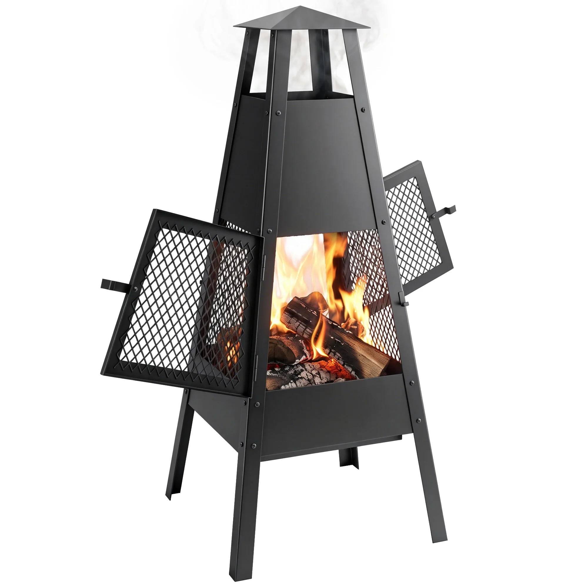 Outsunny buitenhaard met conische rookafvoer, 41x40,5x97 cm, buitenhaard van koolstofstaal met beschermend gaas, voor terras, patio, kamperen, feest, zwart.