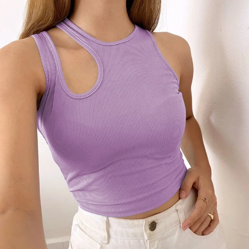 NOVEDAD DE VERANO 2024, Top ajustado con costilla para mujer de Amazon, chaleco de cuello redondo sin mangas con diseño calado
