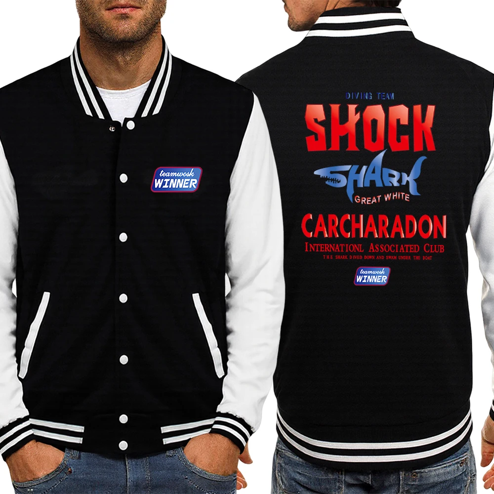 

Personality Shark Letter Design Pattern Baseball Jackets Men's Crewneck Soft Top Sport Basics Pullover Street Breathable Clothes