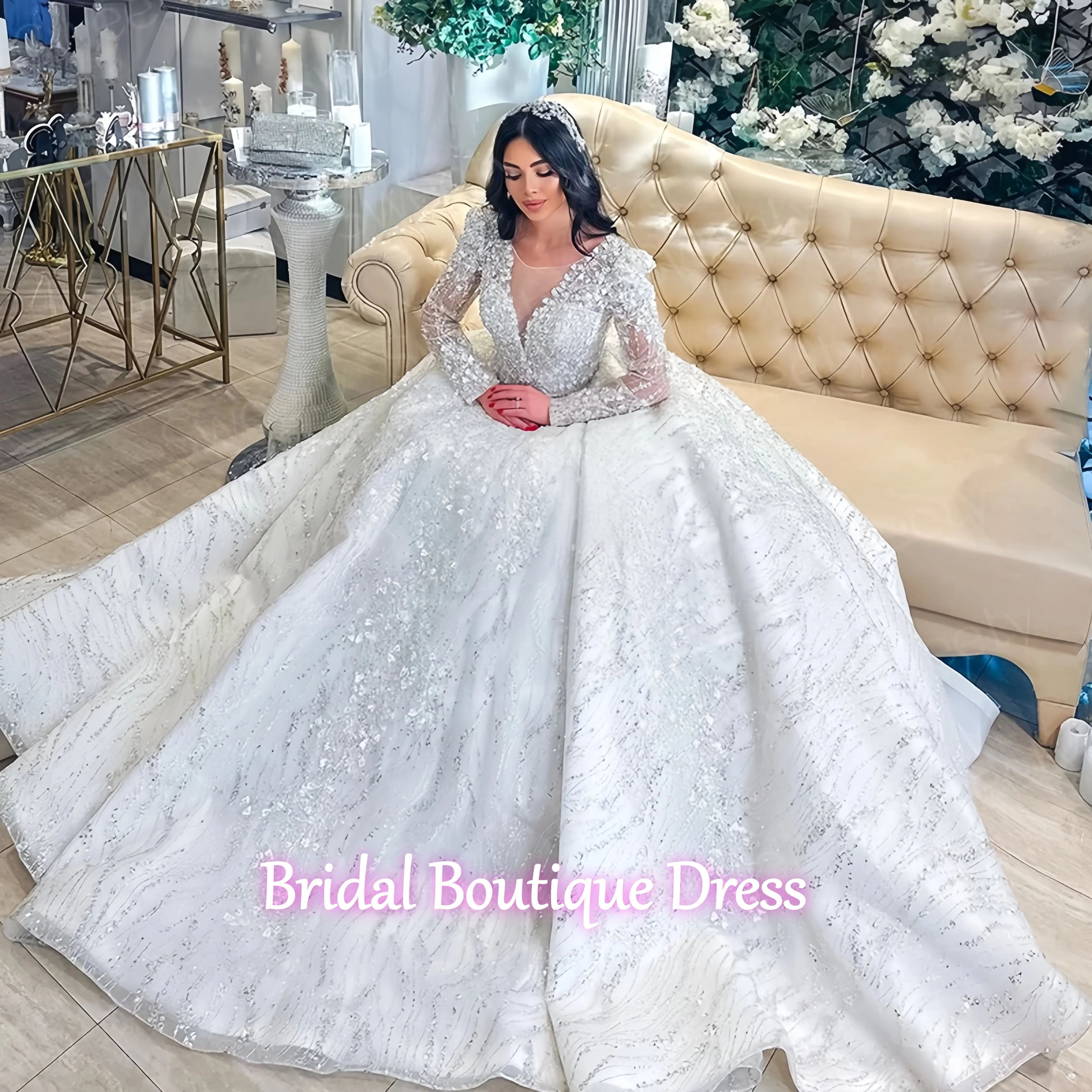 カスタマイズされた高級ビーズのウェディングドレスオーガンザ刺繍スパンコール夜会服Oネックフルスリーブブライダルレースアップベスティドデノビア