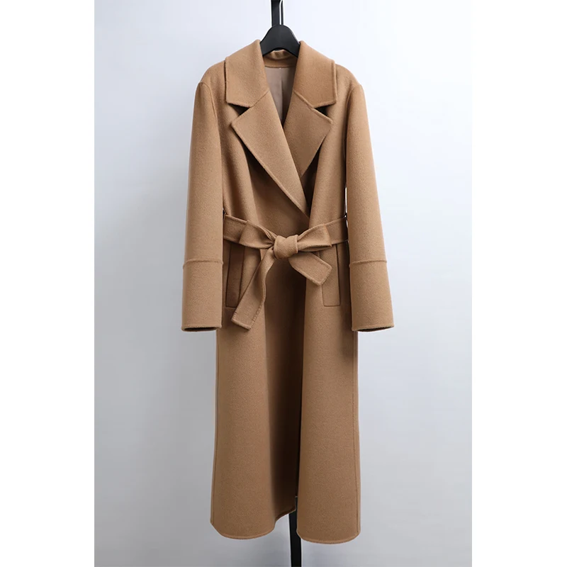 

Осень-зима, новое брендовое женское длинное шерстяное пальто с двойным лицом, сшитое вручную, с поясом на талии, модная верхняя одежда