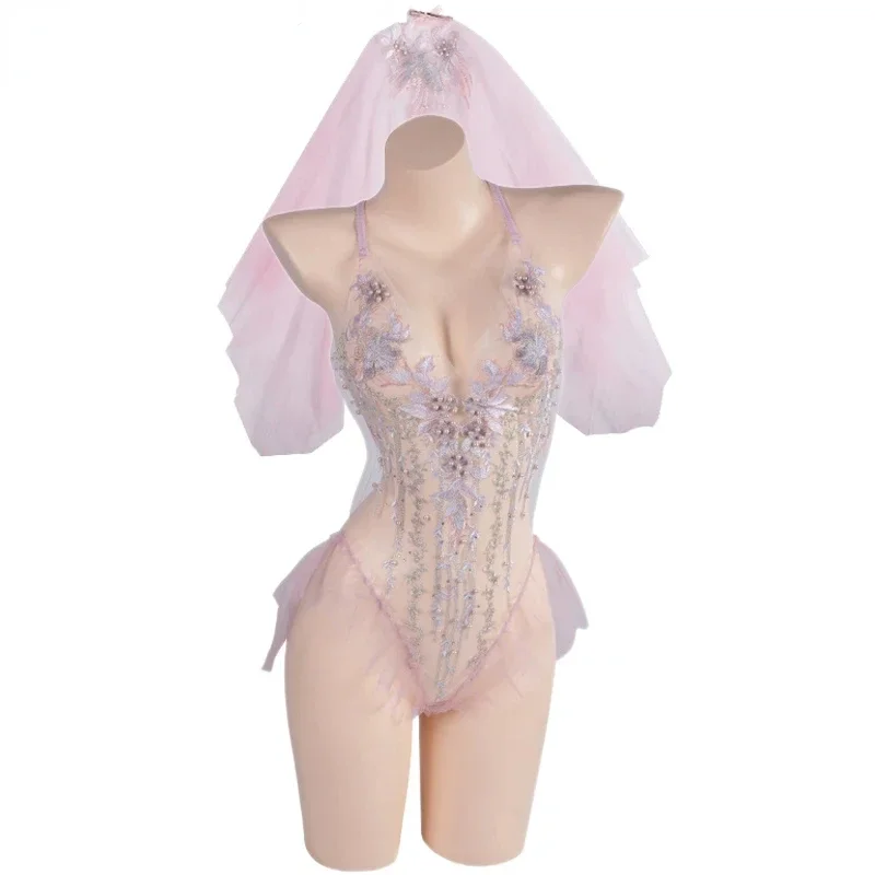 مثير العروس ثوب زفاف الحجاب منامة تأثيري حلي المرأة التطريز الدانتيل زهرة ارتداءها انظر من خلال الفتيات دور اللعب الملابس الداخلية #1