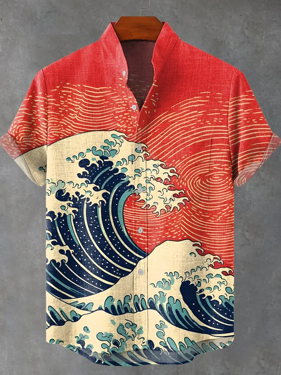 

Summer hot selling wave red retro digital print pattern casual and fashionable summer short sleeved shirt top