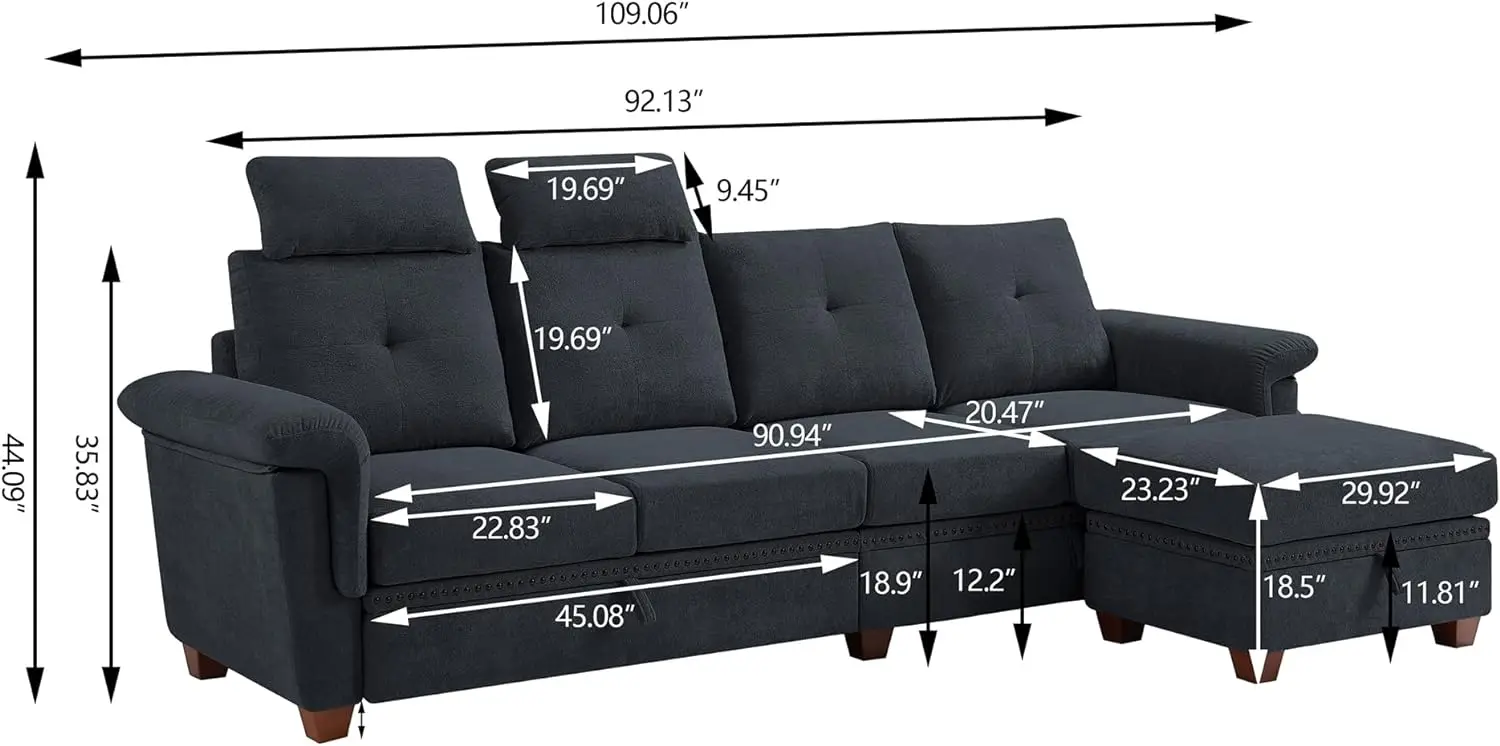 4 Seat L Shaped Couch with Chaise and Cup Holder, Modern Microfiber Fabric Sofas Couches for Living Room, Apartment, Office