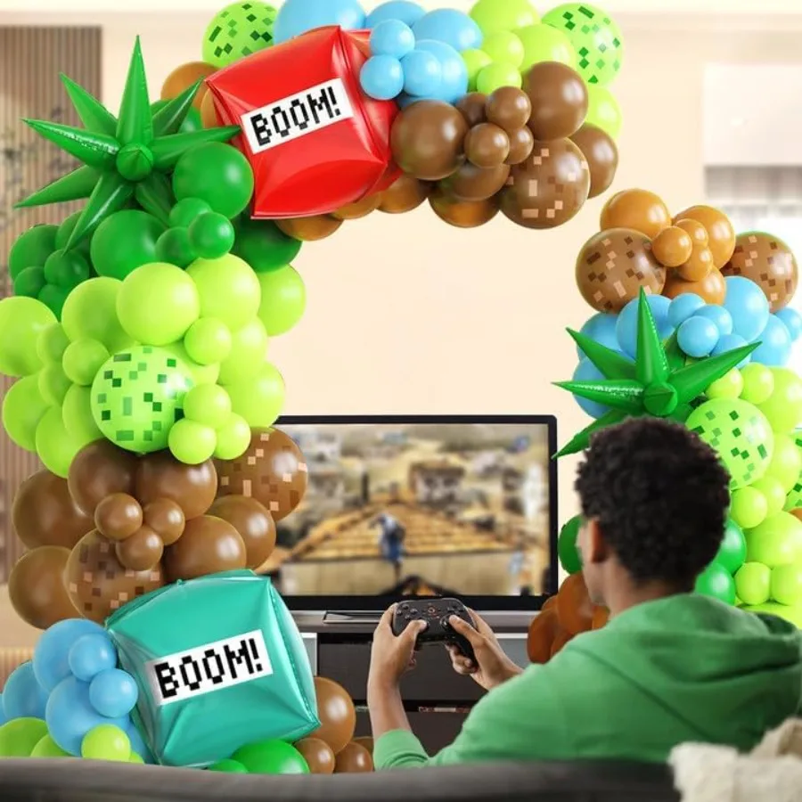 147Pcs Kit Dekorasi Balon Video Game Pixel Hijau Coklat Biru Balon Lateks dengan Balon Foil Boom untuk Pesta Ulang Tahun Tema Gamer Anak Laki-laki
