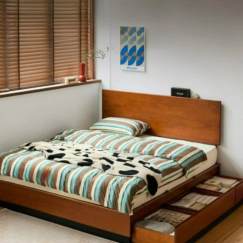 

Solid wood box bed Master bedroom Tatami floor Medium antique small apartment double bed Drawer storage