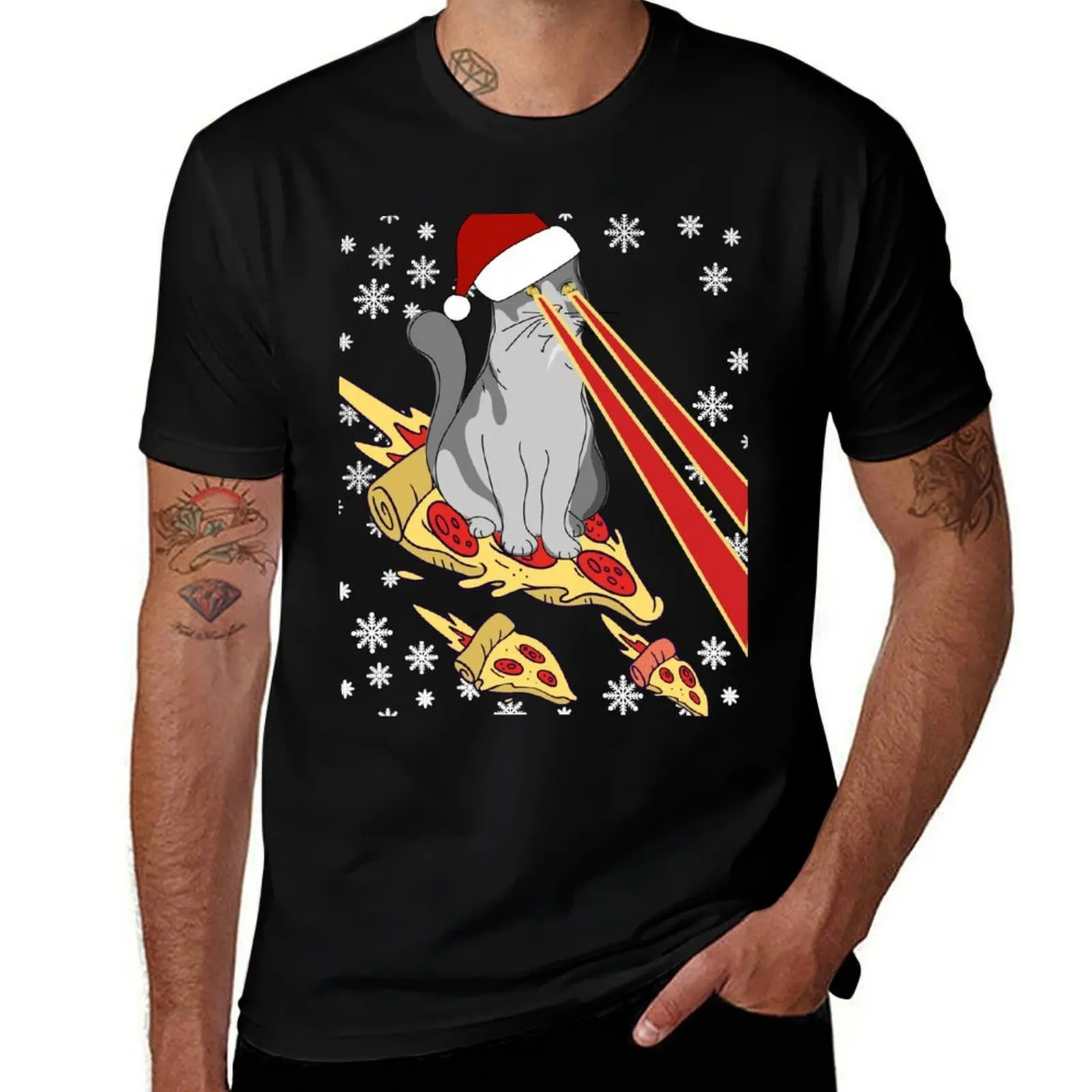 Laser shirt Cat Christmas Cat Christmas Beam Cat Riding Pizza T-Shirt Athletic Quick Dry T-Shirt for Men
