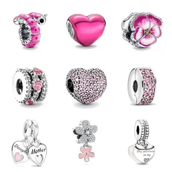 925 Solid Silver Pink Series Butterfly Flower Heart Friends Love Mom Beads Fit Original European Charms Bracelet Jewelry