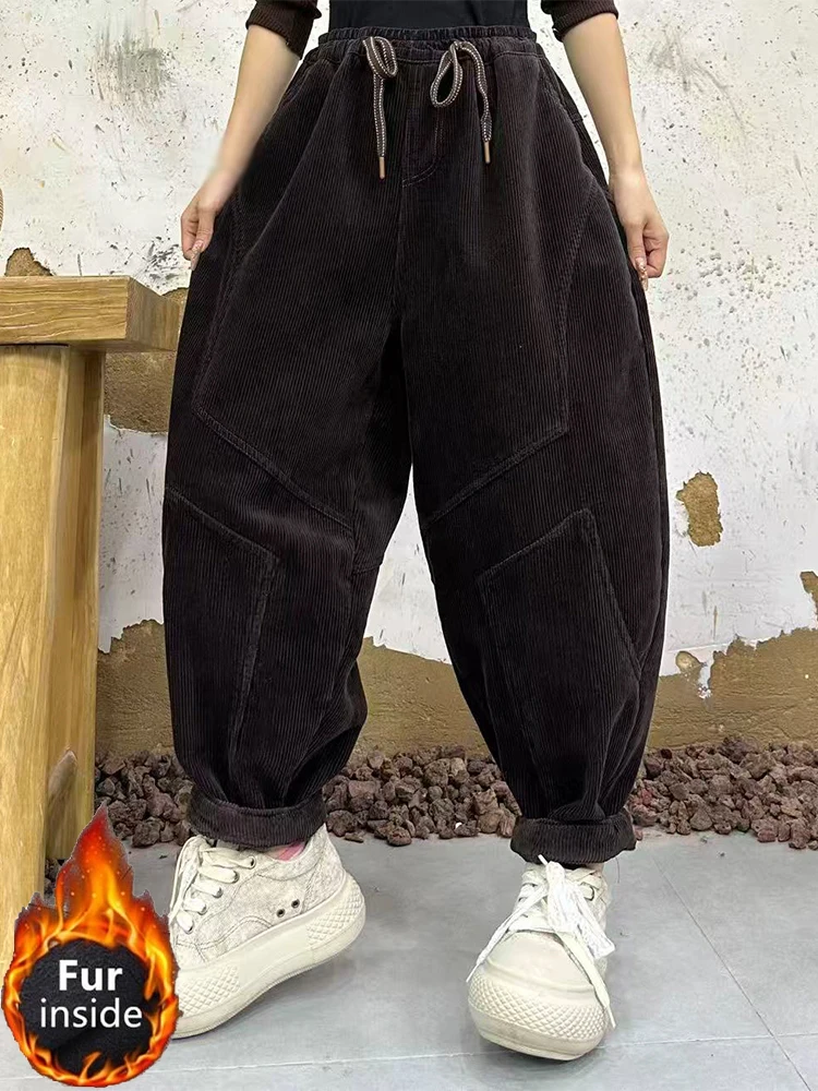 Amax LuluE diseño invierno señoras moda espesar pantalones de piel de pana señoras sueltas Vintage cálido Casual cintura elástica Harem pantalones