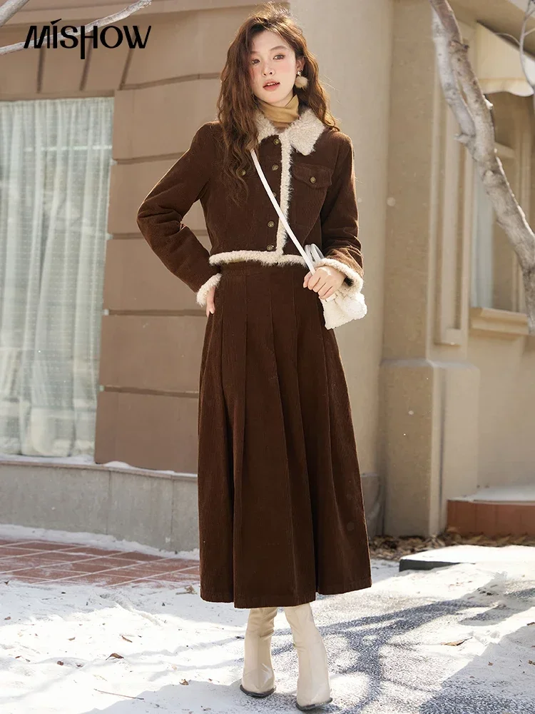 MISHOW 100% Cotton Corduroy Skirt Crop Coat Separately 2024 Winter Lapel Warm Retro Pleated Midi Skirts Matching MXC56W0264