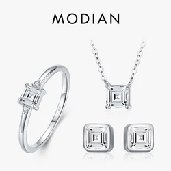 Modian 100% Real 925 Sterling Silver Classic Emerald cut Sets Clear CZ Shining Rings For Women Jewelry Necklace Fashion Earring
