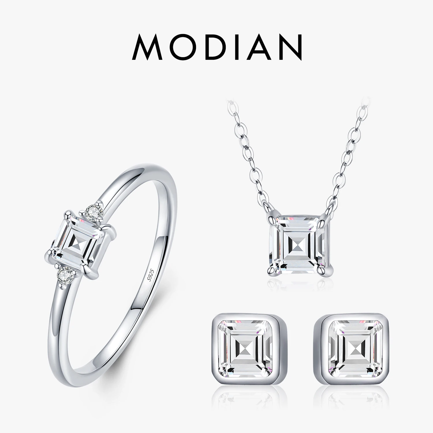 Modian 100% Real 925 Sterling Silver Classic Emerald cut Sets Clear CZ Shining Rings For Women Biżuteria Naszyjnik Moda Kolczyk