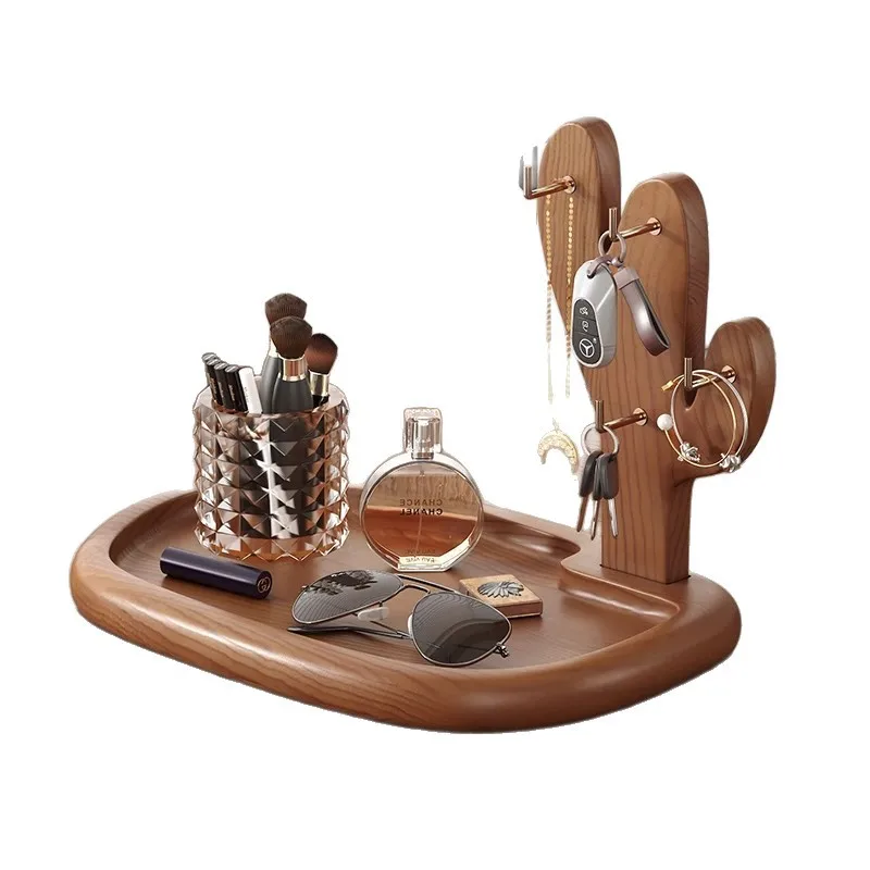 Home key storage rack Solid wood porch rack Retro style Table ornament Decorative glasses display rack